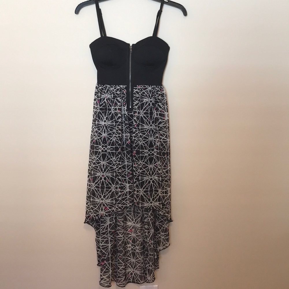 High-to-Low Front Zip Black, White and Pink Dress